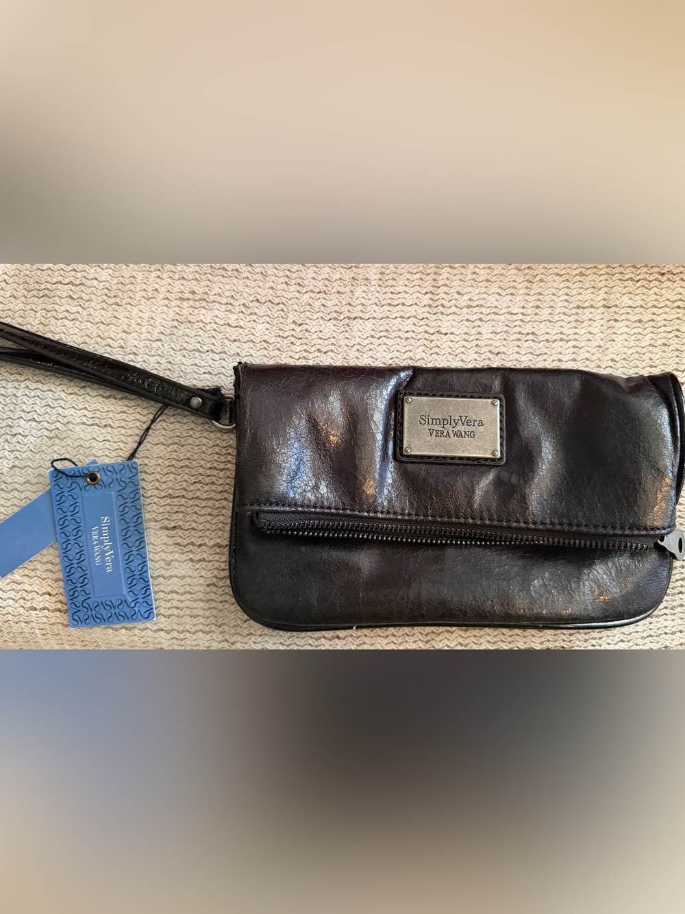 Simply Vera Vera Wang Black Leather Wristlet Clutch with Front Zip Pocket